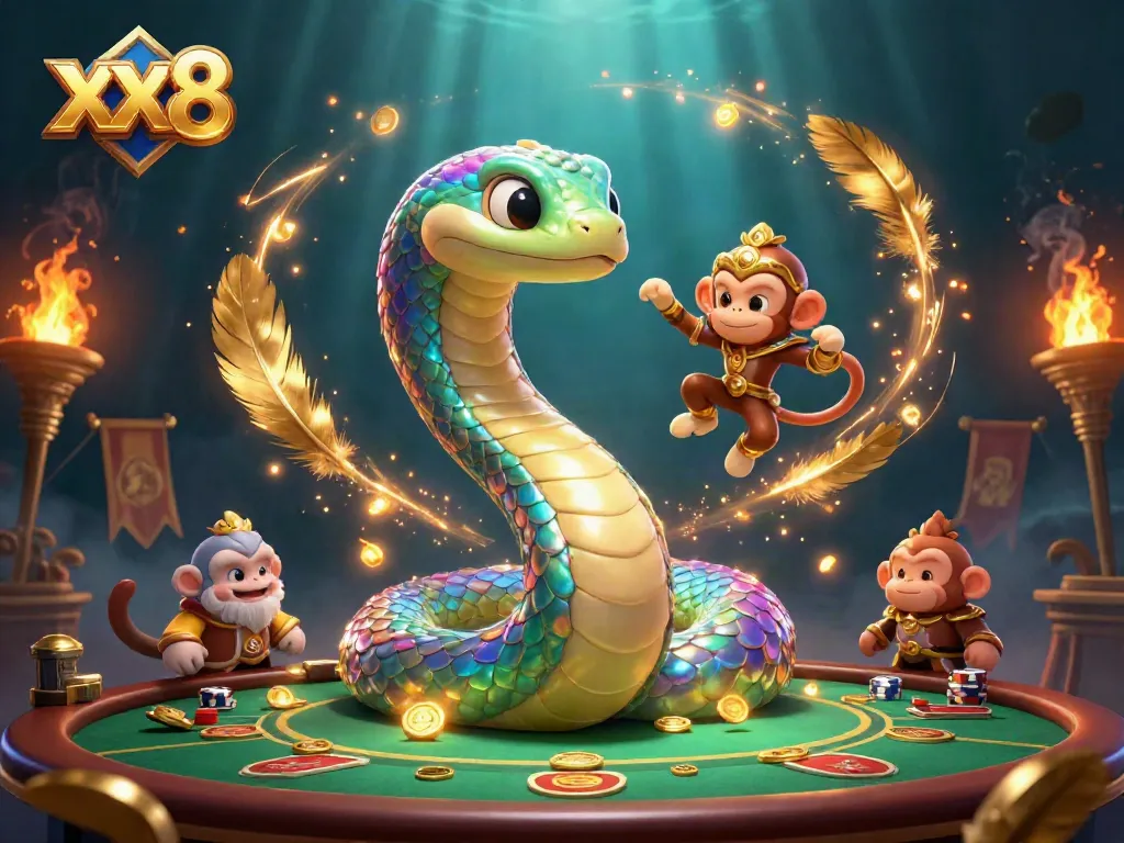 Engage in exciting casino adventures with xx8, featuring a vibrant scene of a playful monkey king and rainbow serpent.