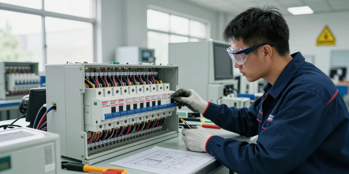 Moulded case circuit breaker inspection in a factory setting with technician examining electrical components.