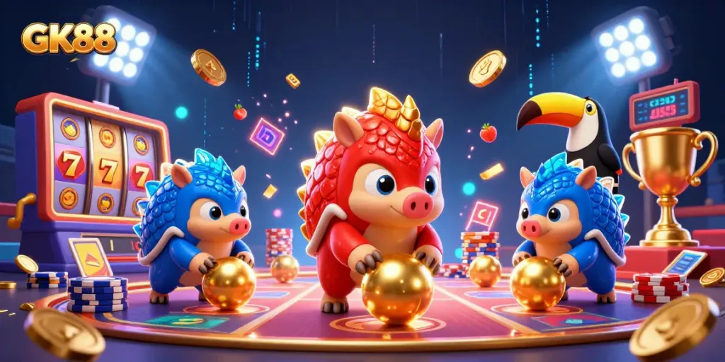 GK88 pangolins engaging in a thrilling casino game scene filled with vibrant elements.
