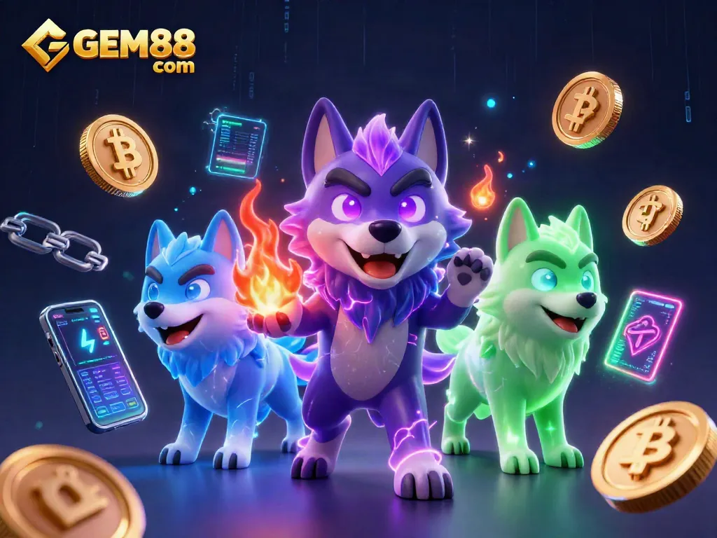 Experience thrilling gameplay at GEM88 com with illuminated ghostly wolves and dynamic cryptocurrency elements.