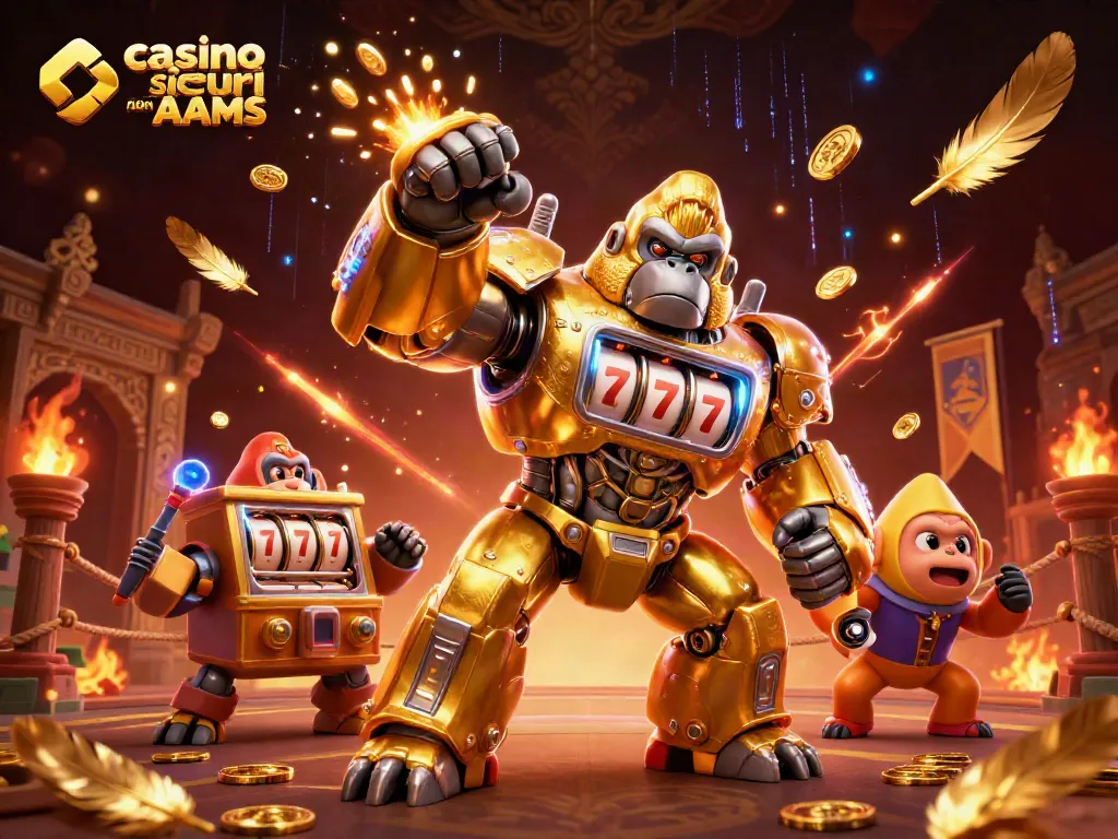 I giocatori esplorano casino sicuri non AAMS con un mech gorilla d'oro e simboli di vincita, circondati da elementi di gioco.