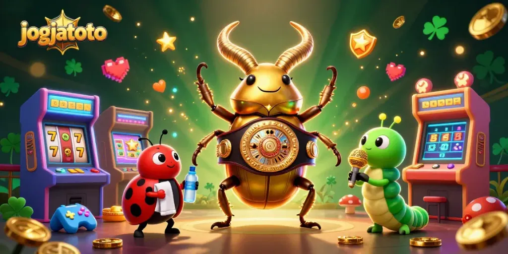 Experience winning thrills with jogjatoto's vibrant gaming scene featuring giant characters and slot elements.