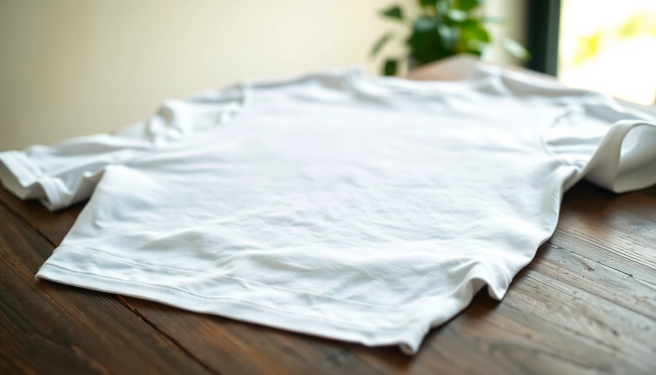 Showcasing a blank white t shirt under natural light on a wooden table, emphasizing its texture and style.