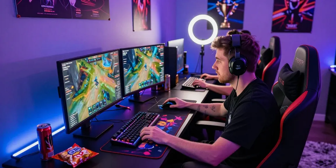 Engaged gamer immersed in competitive gameplay featuring tashan on dual monitors.