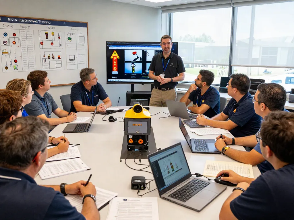 Professionals engaged in NFPA Certification Training workshop with instructor and safety materials.