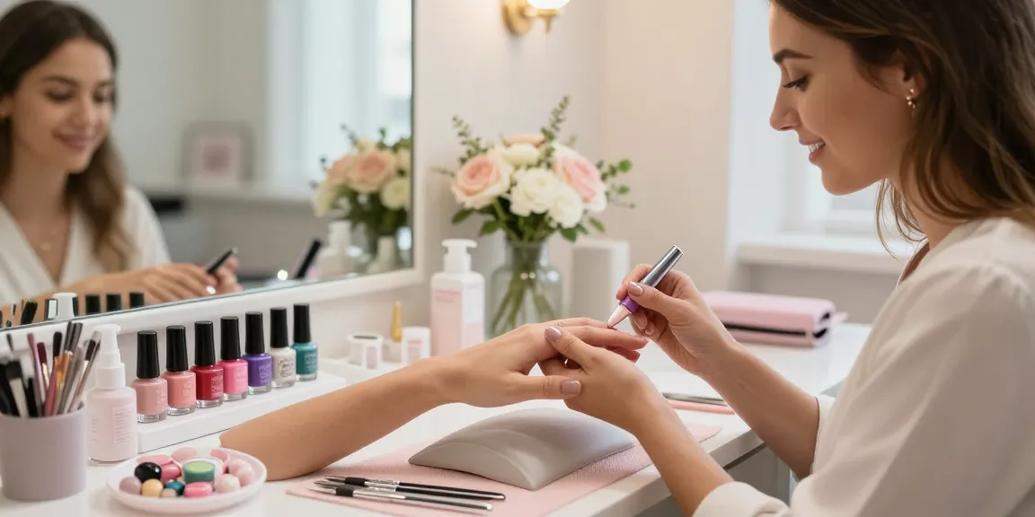 Tehnician expert în unghii aplicând baza și top coat unghii într-o atmosferă vibrantă de salon cu lacuri de unghii colorate și decor elegant.