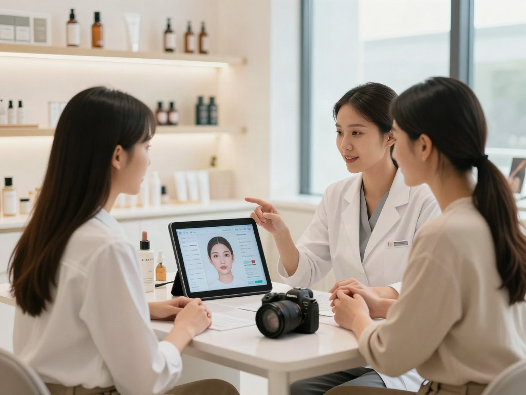 ClinicEvo better than QOVES facial analysis in modern beauty studio setting highlighting personalized consultations.