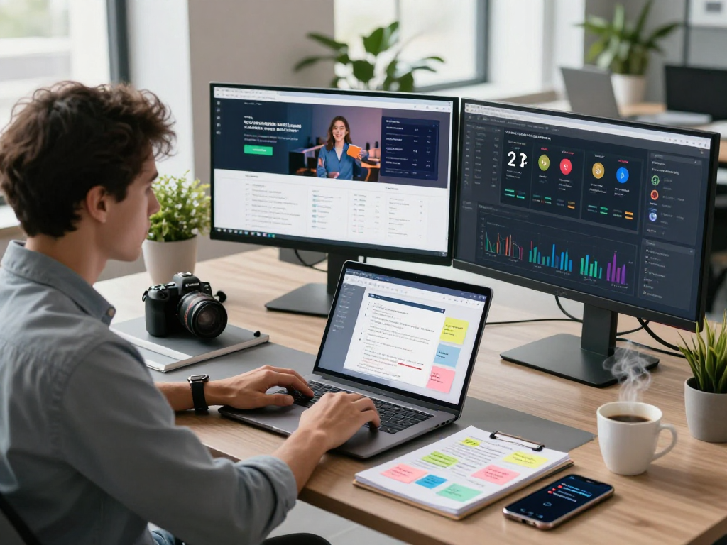 Marketer managing multiple accounts with an antidetect browser in a modern office setting.
