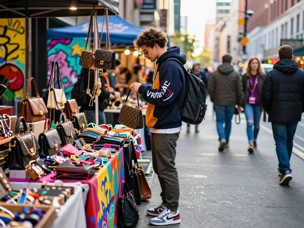Stylish individual exploring 레플리카 fashion items in an urban market