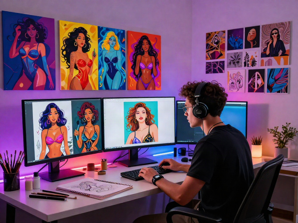 Digital artist creating vibrant NSFW AI art in a modern studio.