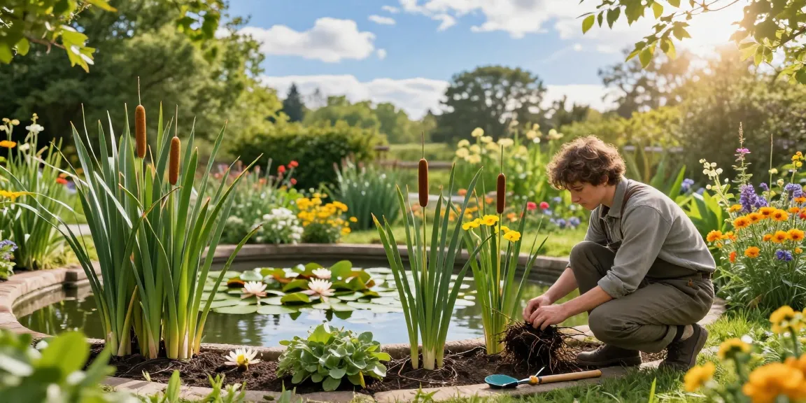 Marginal pond plants in a serene garden setting with a gardener arranging them by a tranquil pond.