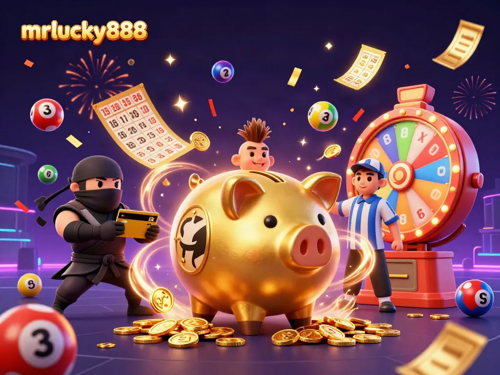 Engage with mrlucky888 as the golden piggy bank sumo wrestler stomps to win big in dynamic casino illustration.