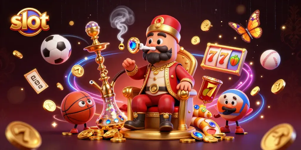Experience thrilling slot games with a colorful casino scene featuring dynamic slot elements.