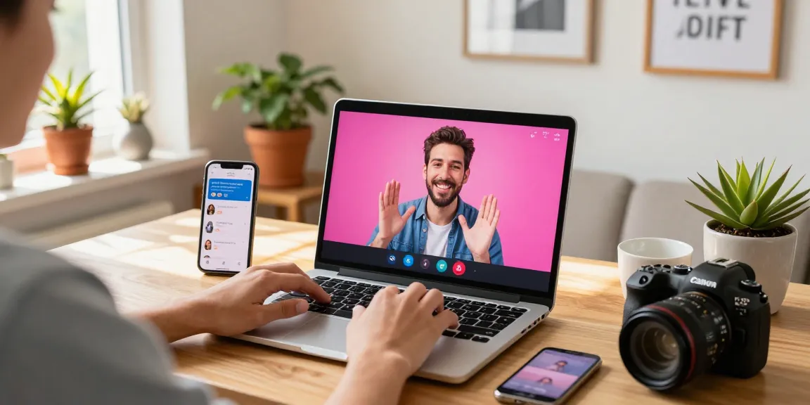 Engaging in a pink chat video session, an individual interacting warmly on a laptop in a cozy environment.
