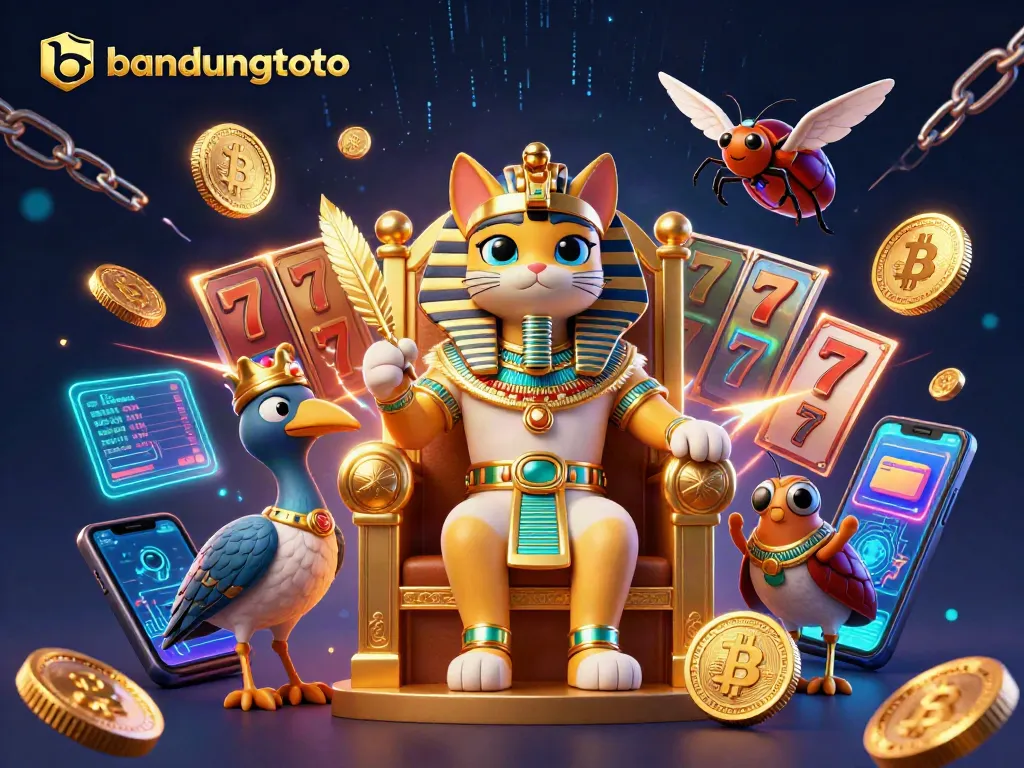 Engage with bandungtoto as the Egyptian pharaoh cat oversees rich slot jackpots and vibrant game elements.