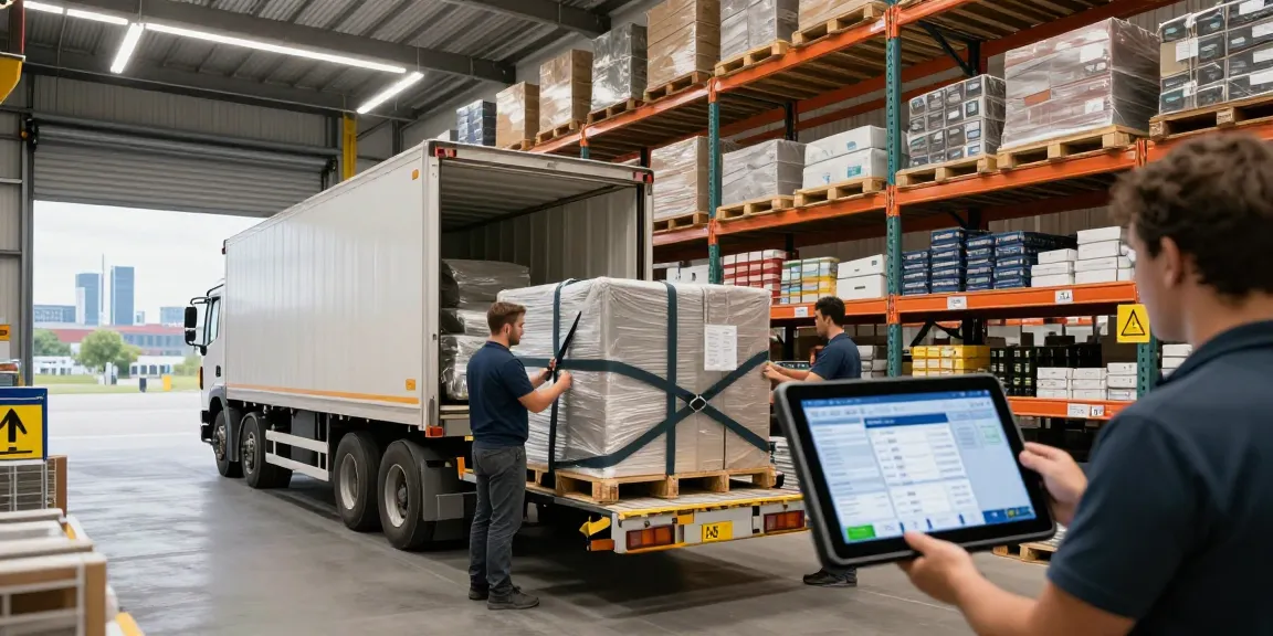 Teilladung Transport von Dortmund in einem modernen Logistiklager mit LKW und Mitarbeitern, die Fracht sichern.