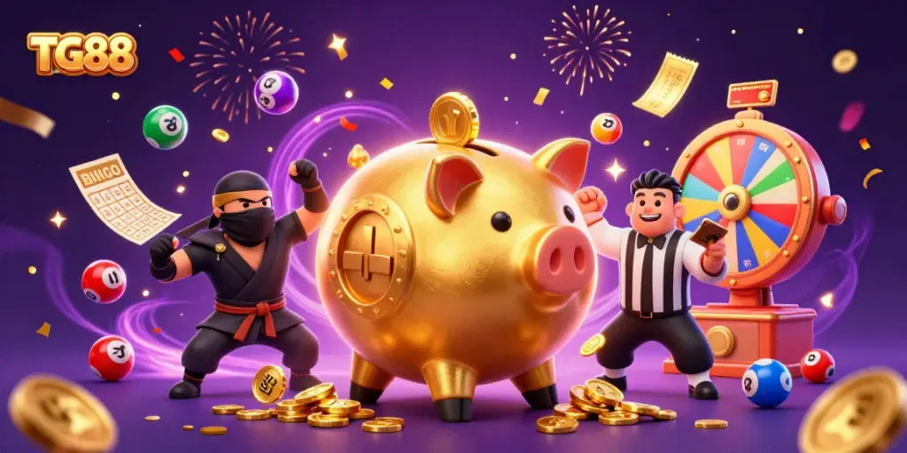 Engaging TG88 casino scene featuring a golden piggy bank sumo wrestler and dynamic game elements.
