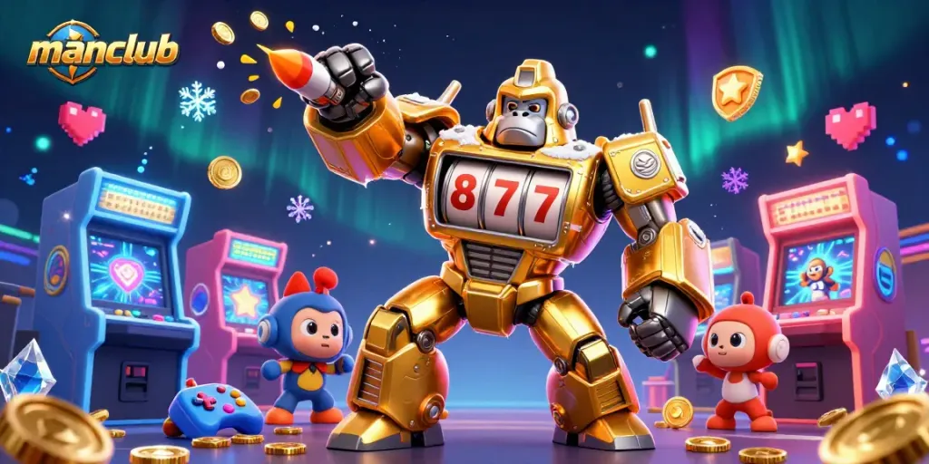 Engage in thrilling gameplay at Manclub featuring a golden gorilla mech with slot machine parts.