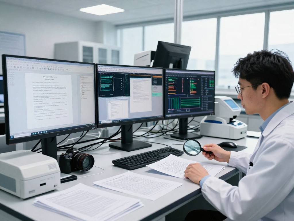 Forensic analyst conducting document fraud detection analysis in a high-tech lab.