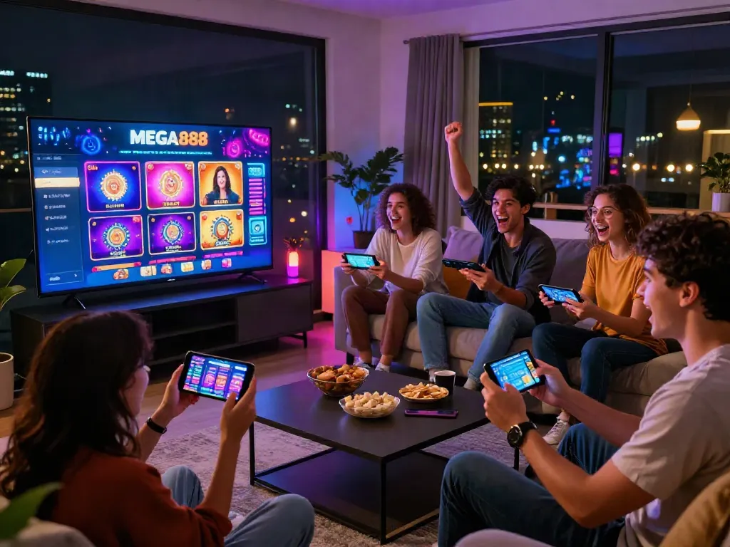 Friends enjoying MEGA888 casino games together in a modern living room with snacks and excitement.
