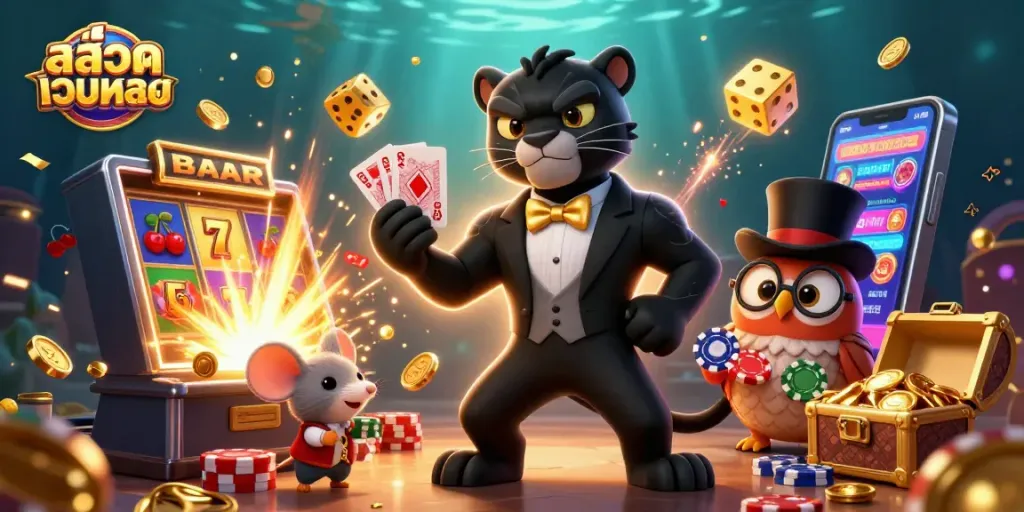 Experience สล็อตเว็บตรง with a vibrant jackpot scene featuring dynamic characters and casino elements.