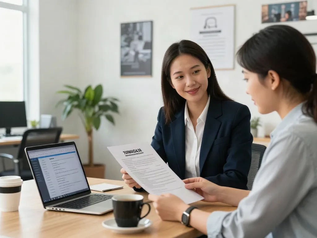 Discussing job opportunities while หางาน in a modern office setting.