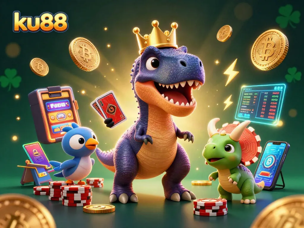 Experience the thrilling gameplay of ku88 as a T-Rex shuffles cards with coins flying around in a vibrant casino!