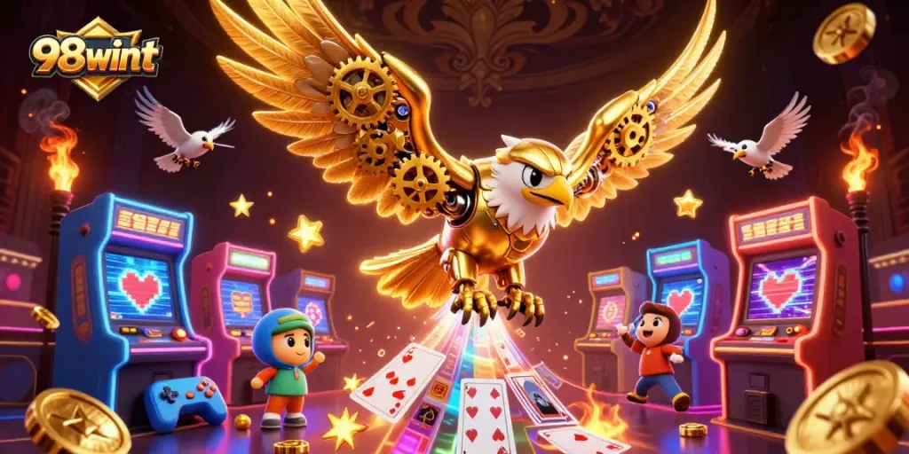 Players experience the excitement of 98wintt with a 3D golden eagle surrounded by vibrant gaming elements.