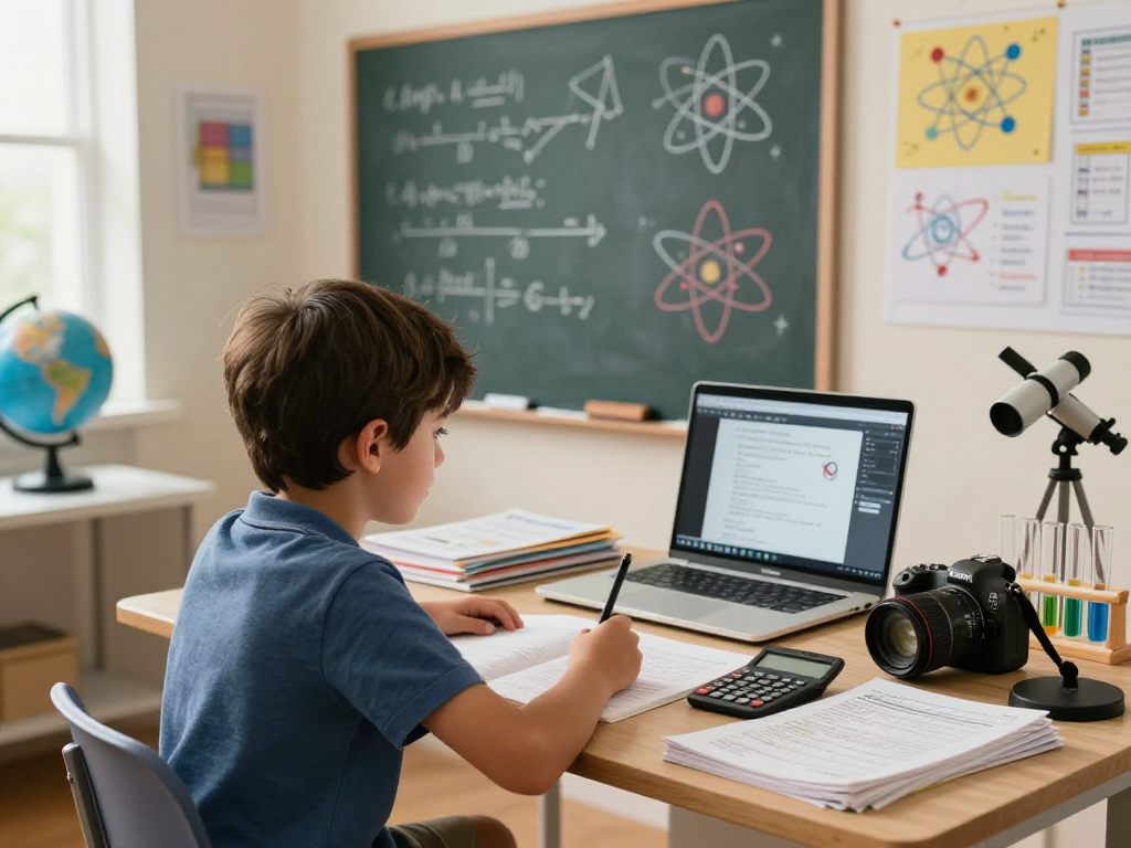 A young student engaged in physics tuition at a bright, inspiring study area, surrounded by textbooks, a laptop, and scientific tools.