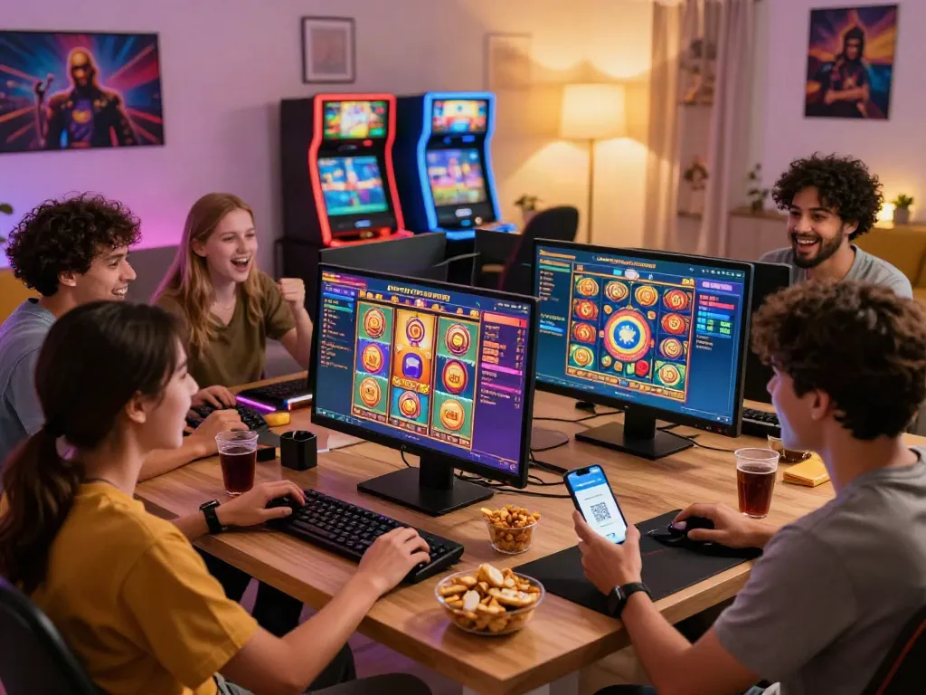 Friends enjoying an exciting slot gaming session with QRIS payment.