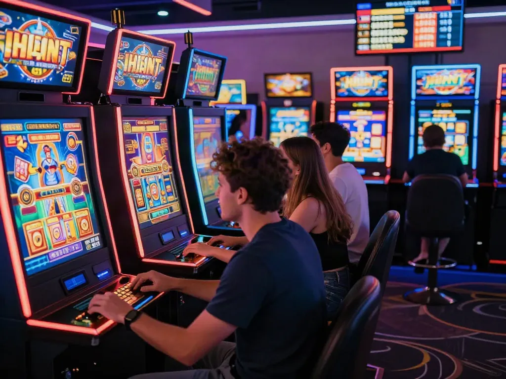 Exciting slot gaming experience with diverse players engaged in vibrant digital slot machines.