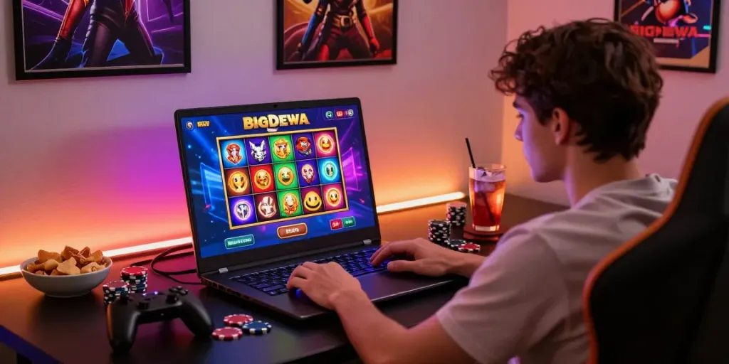 Exciting online gaming experience featuring BigDewa platform with colorful slot games and cozy gaming setup.