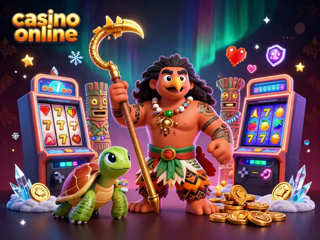 Juega en el casino online con la ilustración de un dios maorí y su tortuga entre máquinas tragamonedas.