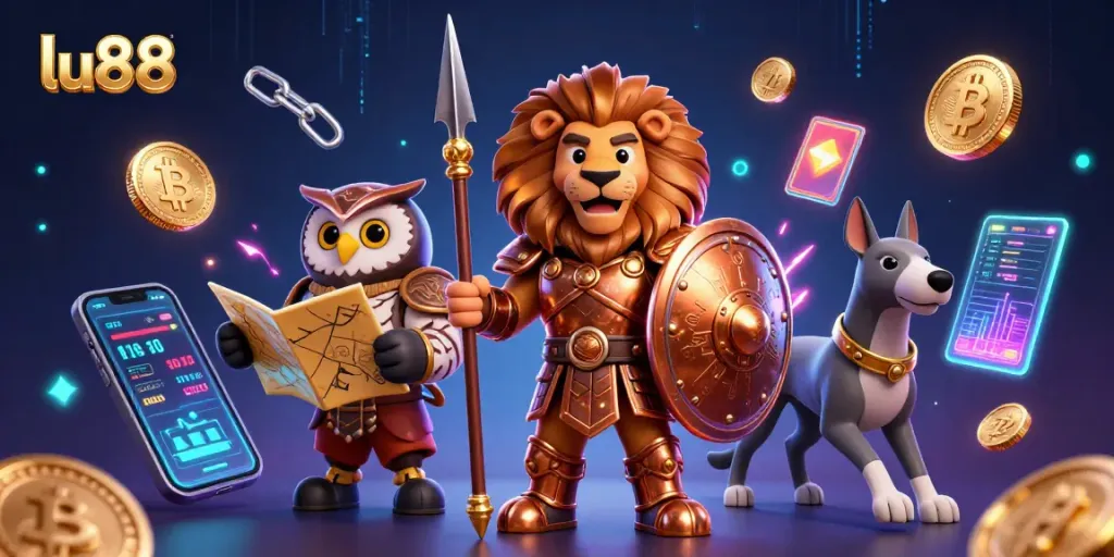 Experience thrilling strategies at lu88 with a vibrant 3D casino scene featuring iconic characters and crypto elements.