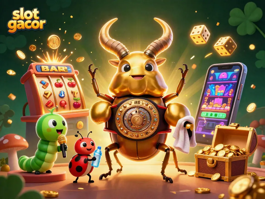 Engage in exciting slot gacor action with a cartoon beetle and ladybug in a vibrant casino setting.