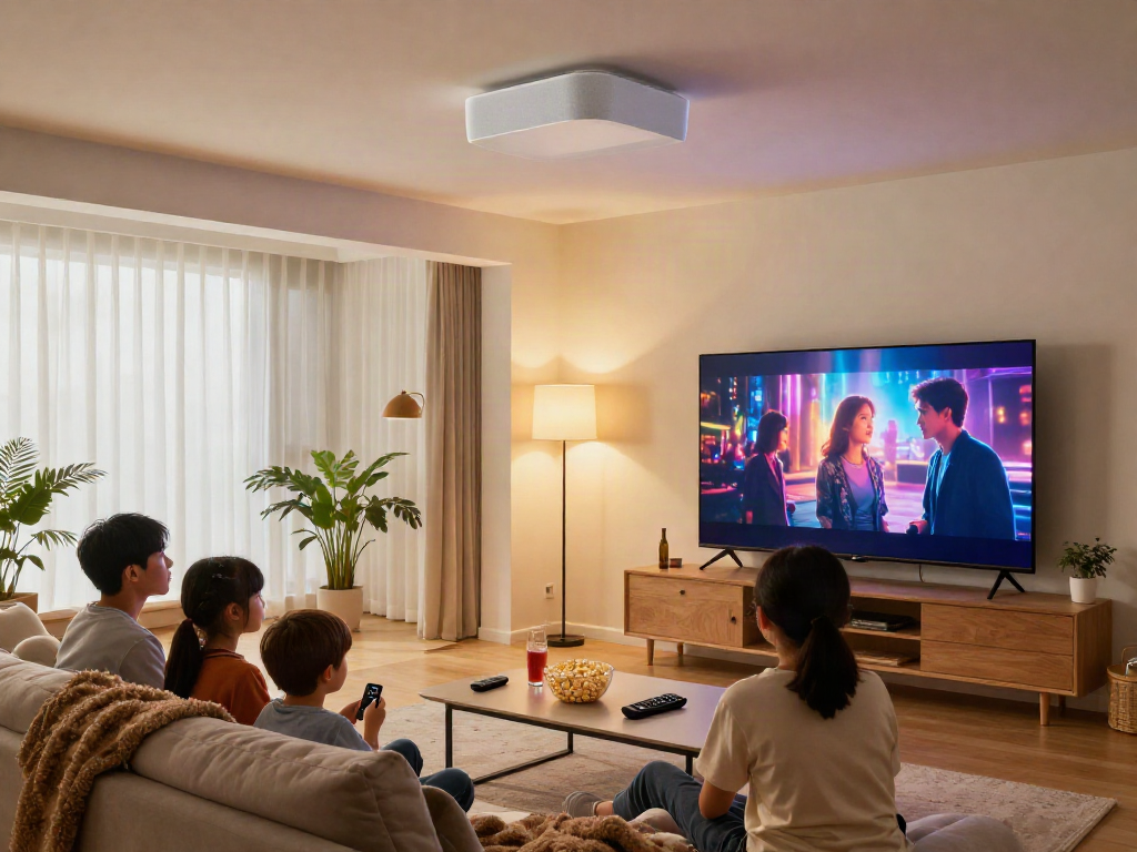 خرید اسپیکر سقفی enhances family movie nights in a cozy living room with modern decor.