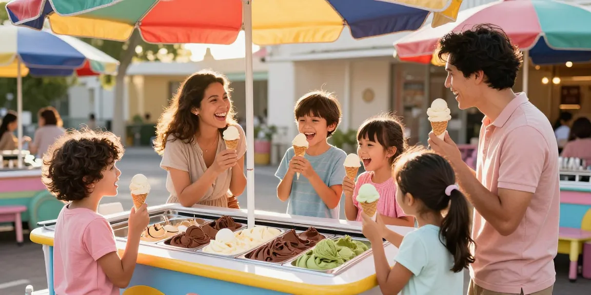 Family enjoying rokok88 ice cream flavors in a vibrant outdoor parlor setting.