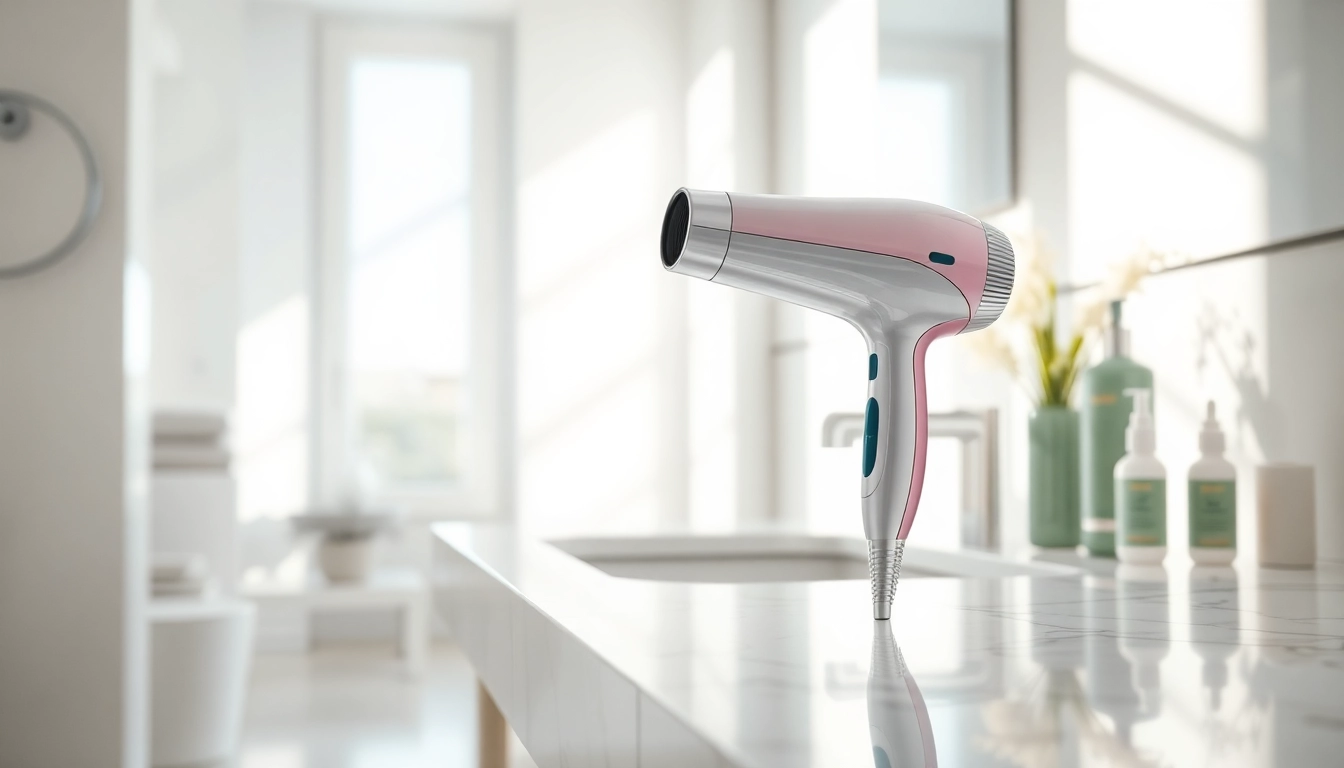 Hair dryer for frizzy hair on a modern vanity with elegant styling products.