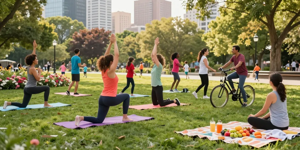 Community health activities in an urban park, emphasizing fitness and wellness