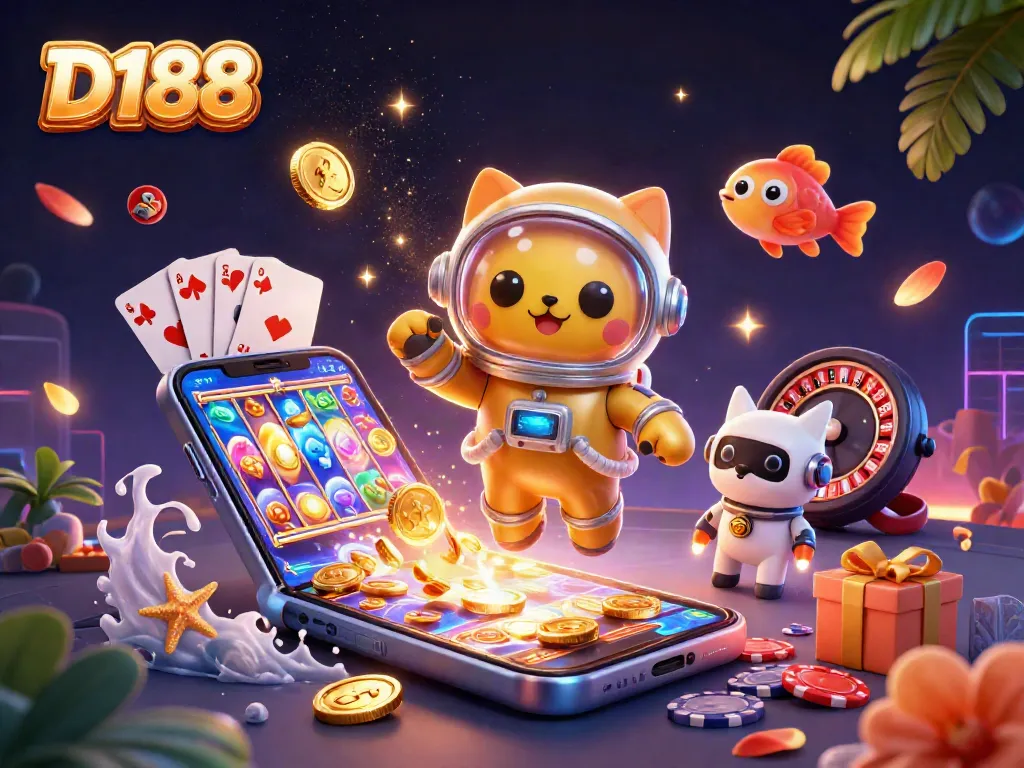 D188 showcases thrilling casino gameplay with space characters, colorful slots, and cosmic elements.