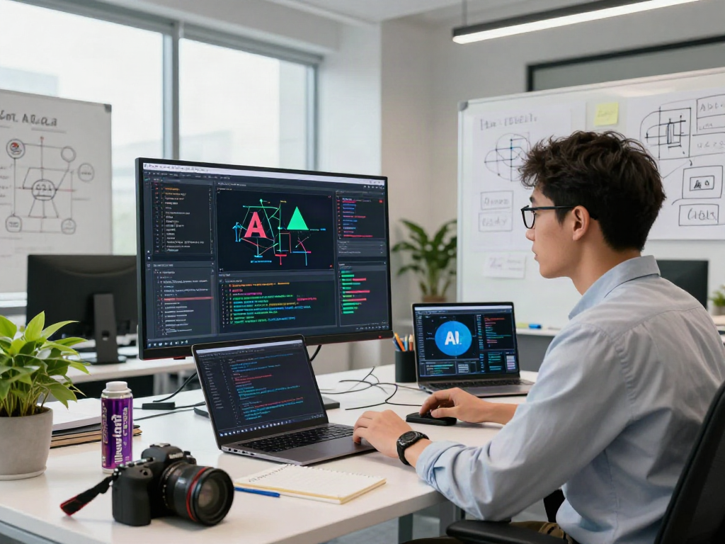 AI Image Detection workspace with a data scientist analyzing images and algorithms in a modern office.