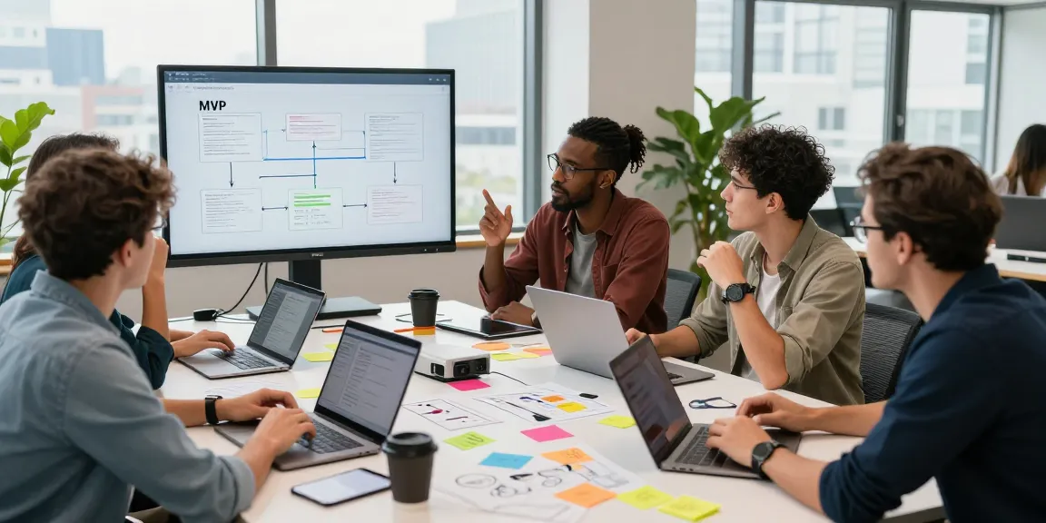 Team collaborating on mvp development service in a modern workspace.