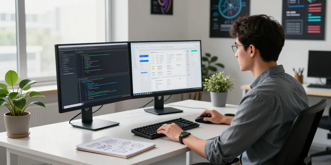 Developer coding in a modern workspace, highlighting cika4d software innovation with dual monitors and natural lighting.
