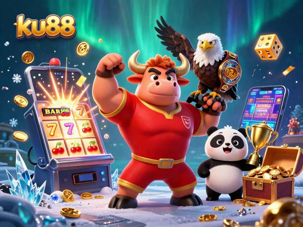 Win big with ku88 in this vibrant 3D casino scene featuring a bull mascot, eagle, and panda!