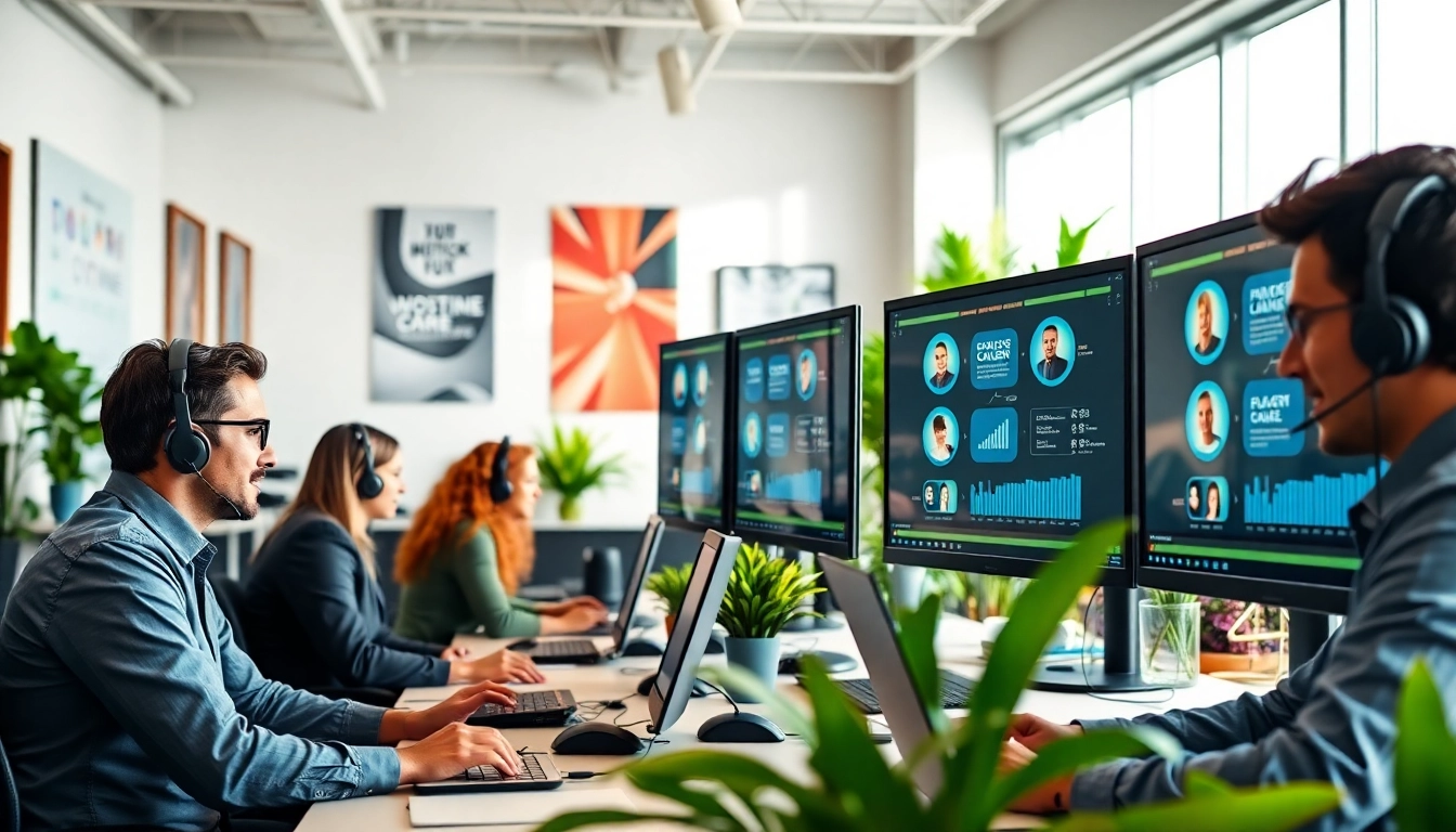 Showcasing call centre software used by agents in a modern office for enhanced customer service.