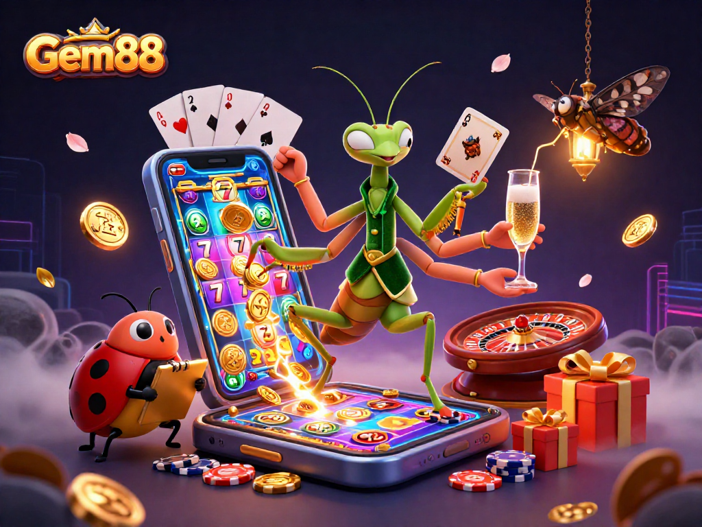 Experience thrilling wins at Gem88 with vibrant slot games and animated casino characters.