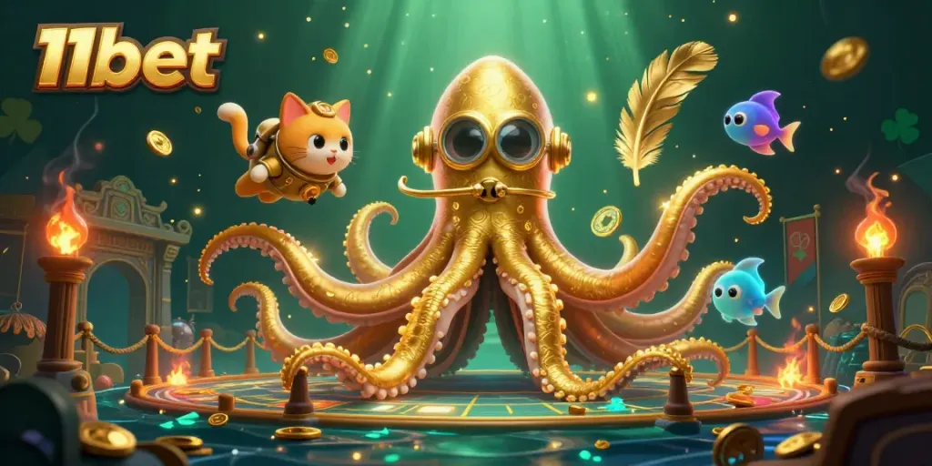 Win big with 11bet's thrilling online casino adventure, featuring a kraken and diving cat.