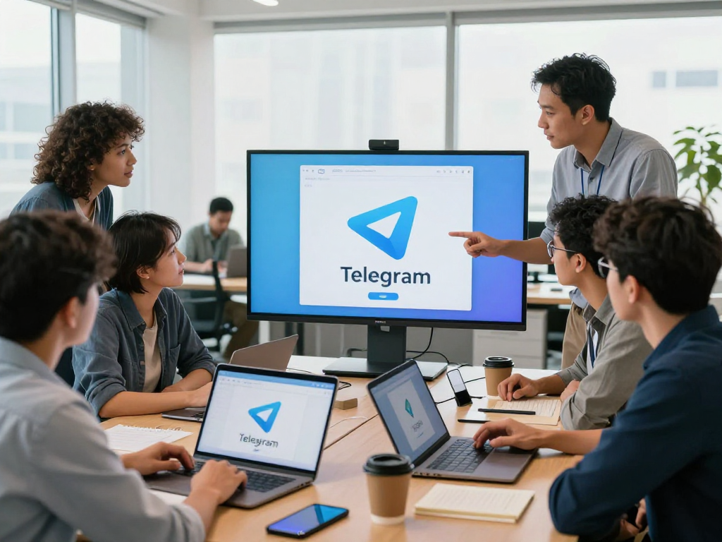 Telegram下载界面展示在现代办公室中的团队协作场景，突显协作通信的便利性。