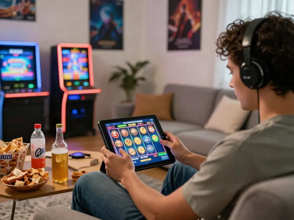 Engaging online gaming scene with rutanslot visuals, person playing tablet slots.