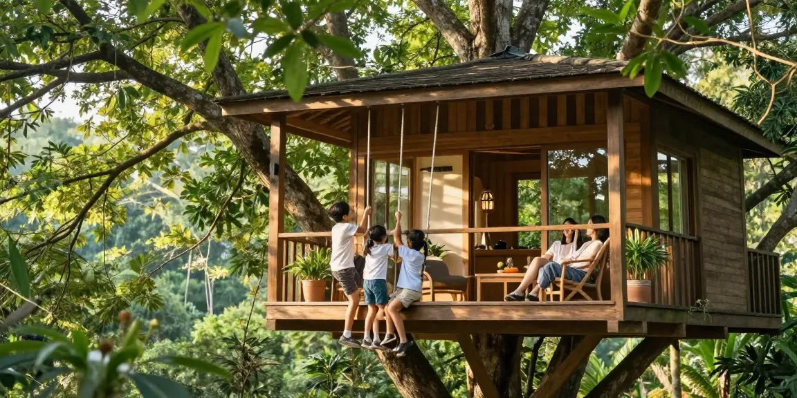 Family enjoying tree house life in a lush forest setting with adventure activities.